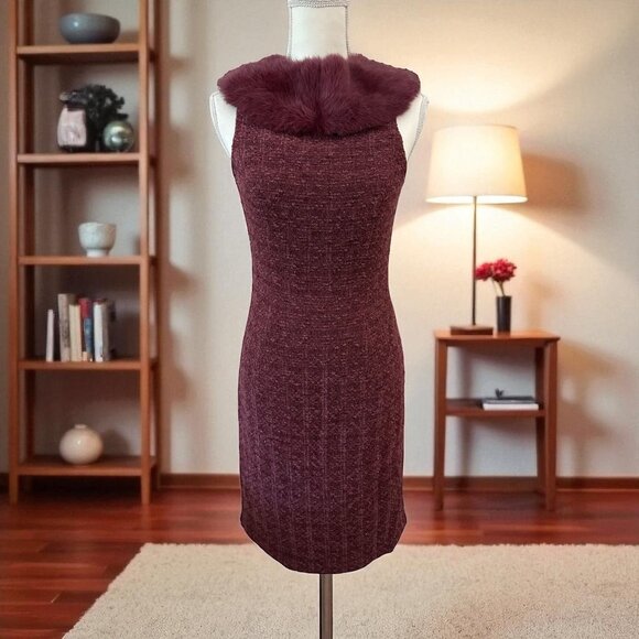 CARMEN MARC VALVO Boucle Rabbit Fur Collar Pencil Dress Size 6 - Picture 1 of 8